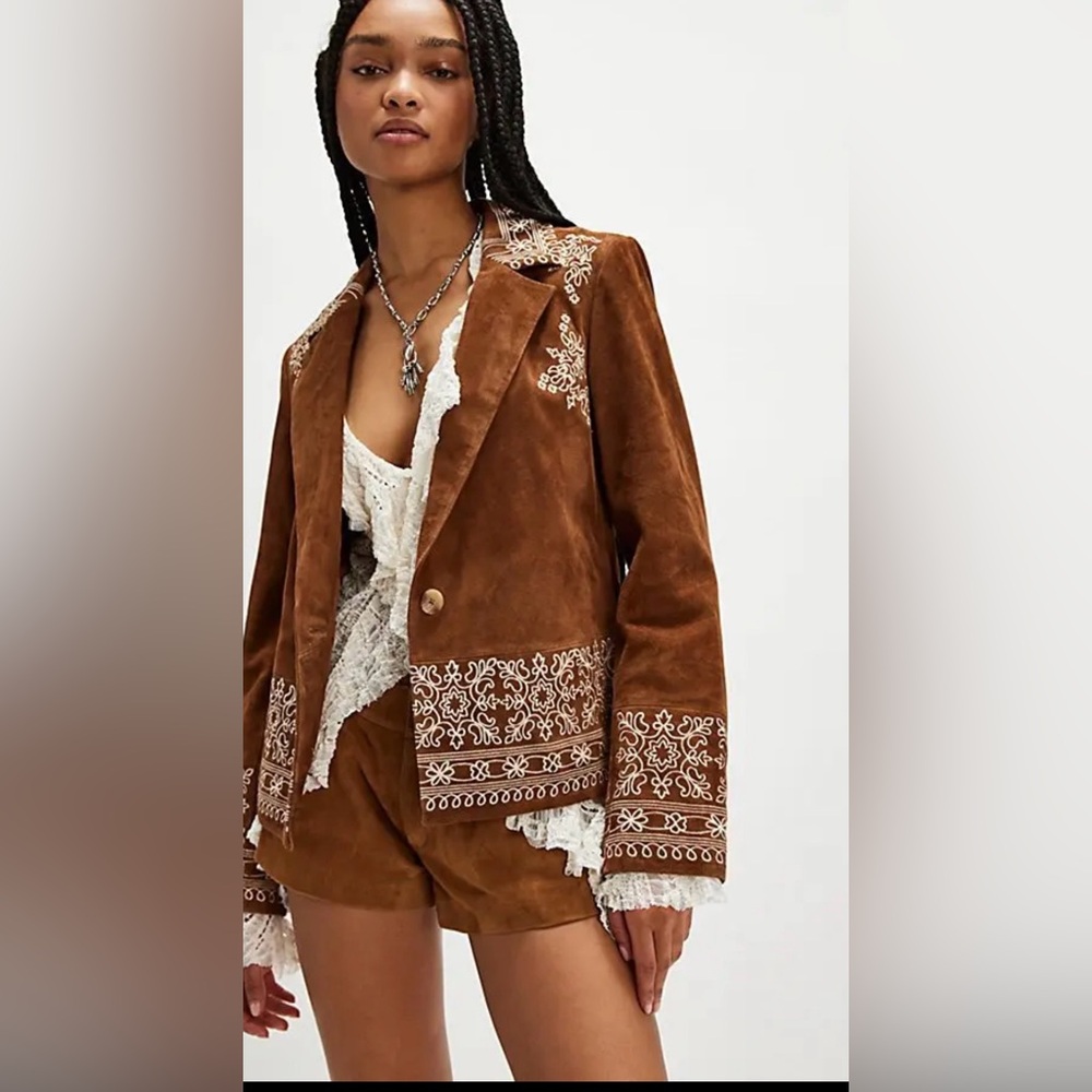 Free People Janie Suede Jacket We The Free Embroidered Button Blazer Brown - Picture 1 of 6